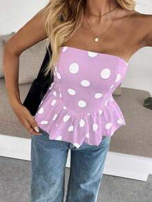Top bandeau con dobladillo de peplum con estampado de lunares de moda para mujer - Morado - Ver 2