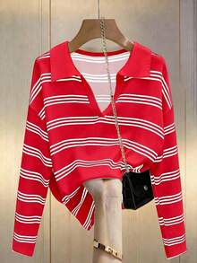 Camiseta holgada de murciélago a rayas de estilo casual para mujer, otoño - Rojo - Ver 1