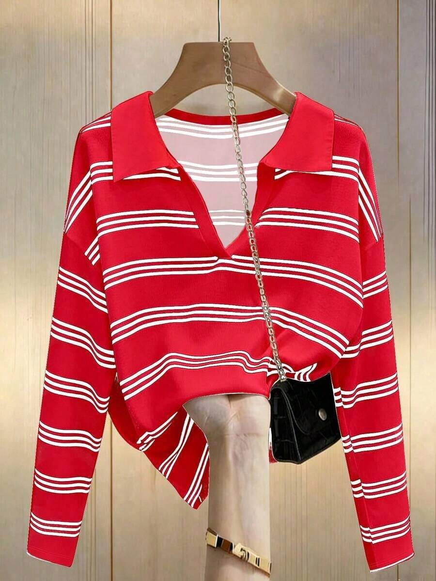 Camiseta holgada de murciélago a rayas de estilo casual para mujer, otoño - Rojo - Ver 1