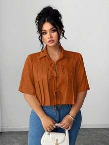 Blusa elegante corta con pliegues y lazo delantero para mujer - Naranja Coral - Ver 6