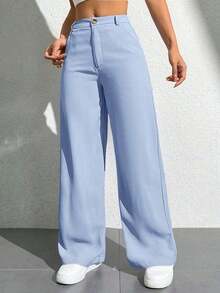 Pantalones holgados y casuales de pierna ancha con bolsillo, unicolor para mujeres - Celeste - Ver 6