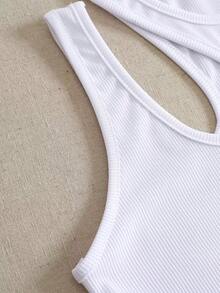 Top Sin Mangas De Punto Acanalado Con Hombro Cortado Sólido Para Verano - Blanco - Ver 4