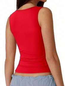 Camiseta de tirantes de unicolor negro como capa base de ropa casual de mujer para el verano y otoño - Rojo - Ver 2