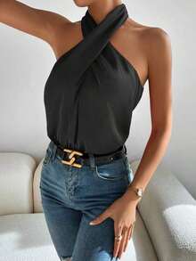 Top halter unicolor cruzado delantero de espalda abierta - Negro - Ver 5