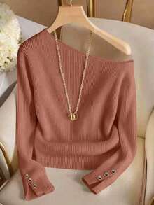 Camiseta de mujer de un solo hombro, con decoración metálica, puños divididos y de unicolor acanalado, con un diseño elegante y versátil, perfecta para el verano, top elegante de mujer, top casual de mujer, ropa de playa, vacaciones de verano, ro - Marrón - Ver 5