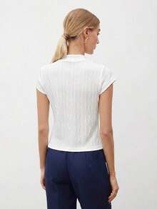 Camiseta de mujer de manga corta con cuello alto y mangas de murciélago, de unicolor, para uso casual de negocios, uniforme de maestro, ropa de oficina, escuela, top básico, estilo vintage - Albaricoque 2 - Ver 2