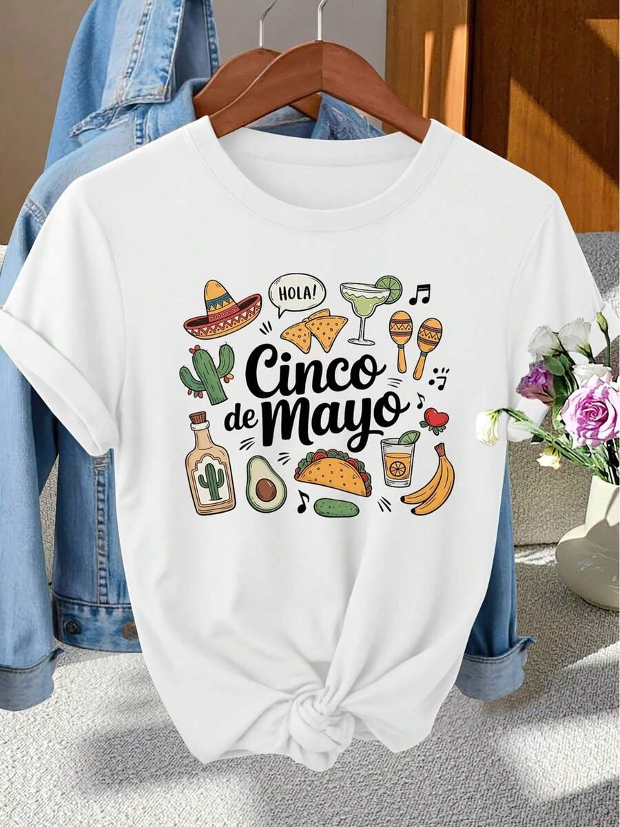 Women's Cinco De Mayo Mexican Camisole - Vintage Short Sleeve Blouse Suitable For Photoshoots, Commuting And Vacations, Retro Round Neck Top With Mexican Themed Print, Machine Washable Blouse For Spring, Summer And Autumn For Casual Wear, Gift - 白色 - 查看 1