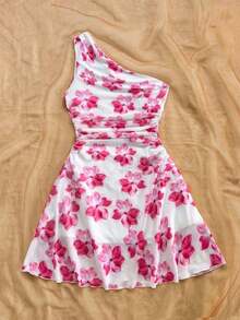 Nuevo vestido de punto con estampado, cintura elástica, con volantes y un solo hombro, elegante para vacaciones.Estilizador y versátil, apto para Pascua, vacaciones, casual, estilo bohemio, country, festivos, brunch, playa, aeropuerto, vestido sue - Multicolor - Ver 2