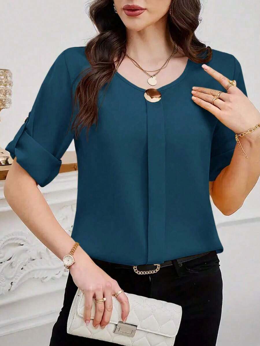 Clasi Blusa casual sencilla para uso diario con cuello redondo, manga corta y botones delanteros para mujer - Agua verde azul - Ver 1