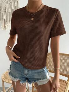 Camiseta casual de manga corta y cuello redondo llana para mujeres, verano - Café integral - Ver 3