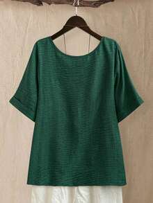CURVE Blusa casual/diaria/de salida/simple/para viajar de manera relajada/que ilumina, de cuello redondo, de color verde pradera texturizada, talla grande, para primavera/verano - Verde Oscuro - Ver 2