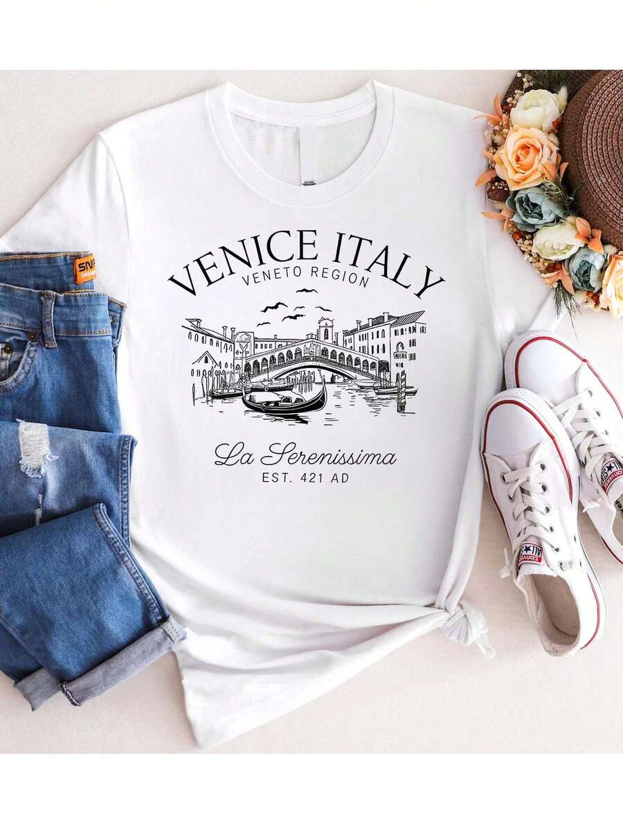 1 camiseta blanca de algodón puro para mujer: diseño de recuerdo de viaje de Venecia, Italia, 180g, 100% algodón - blanco - Ver 1