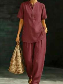 Two-Piece Linen Set With Comfortable And Casual Button-Down Shirt And Wide-Leg Trousers - 酒紅色 - 查看 3