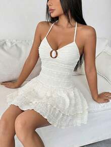 Petite Vestido de mujer con cuello en V y lazo en la cintura, color albaricoque, para primavera/verano - Albaricoque - Ver 4