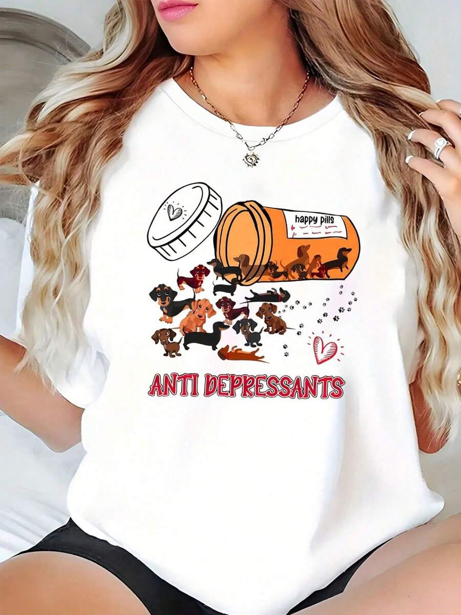 1 Elegant Short-Sleeved T-Shirt For Women, Modern, Simple, Retro, Cool, Versatile For Casual Daily Wear, Suitable For Spring, Summer, Autumn And Winter, Casual Sporty Style, Short-Sleeved T-Shirt With Round Neck, Suitable For Easter, Valentine's Day, Fun And Humorous T-Shirt, 180g 100% Cotton. - 白色 - 查看 1