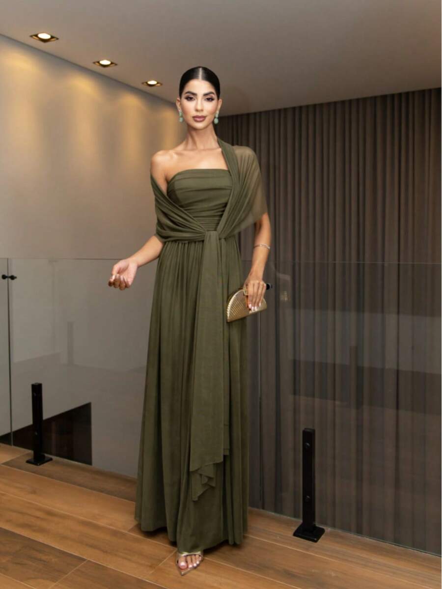 Long Dress With Cape For Wedding, Evening, Or Graduation. - Olive Green - View 1
