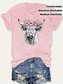 Camiseta de Mujer con Estampado de Vaca Highland Rosa - Diseño de Corona Floral, Cuello Redondo Casual, Manga Corta, Semitransparente, Cómoda para las Cuatro Estaciones, Lavable a Máquina, Estampado Artístico, Ropa Cómoda de Elasticidad Media - Rosa - Ver 2