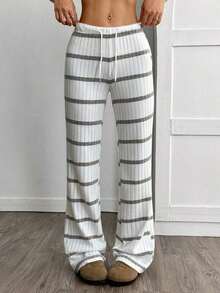 Pantalones casuales de mujer con cintura con cordón acanalado, para primavera/otoño - Gris - Ver 7