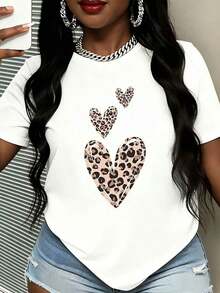 Women's White Heart And Leopard Print T-Shirt, Short Sleeve, Casual Style, For Everyday Wear, Valentine's Day Gift - 白色 - 查看 7