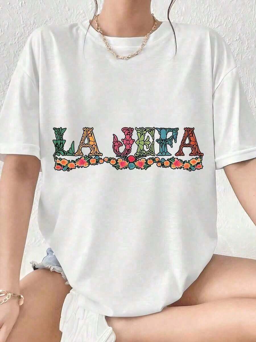 LooseLA Women's Oversized White T-Shirt With Embroidered Style, Boho Chic Graphic Tee With Colorful Floral Design, Casual Urban Top For Everyday Wear, Latin-Inspired Fashion Shirt, Unisex Casual T-Shirts, Basic Cotton Crew Neck T-Shirt For Women - 白色 - 查看 1