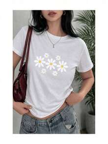 Loose-Fitting, Soft, 100% Cotton Women's Short-Sleeved T-Shirt With A White Daisy Print. A Fresh, Minimalist, And Youthful Floral Design. This Breathable Cotton T-Shirt Goes With Everything And Is A Great Choice. Basic Crew Neck Cotton T-Shirt For Women - 白色的 - 查看 10