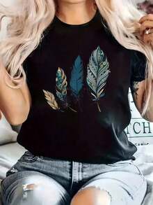 Under The Radar Plus Size Women's Short Sleeve Printed T-Shirt - Blouse Style, Suitable For Casual Wear, Crew Neck Top, Opaque Blouse Style Shirt, Machine Washable For Spring, Summer And Autumn Outfits - Vintage Street Style Unisex Loose Cotton Short Sleeve Crew Neck T-Shirt - 黑色 - 查看 7
