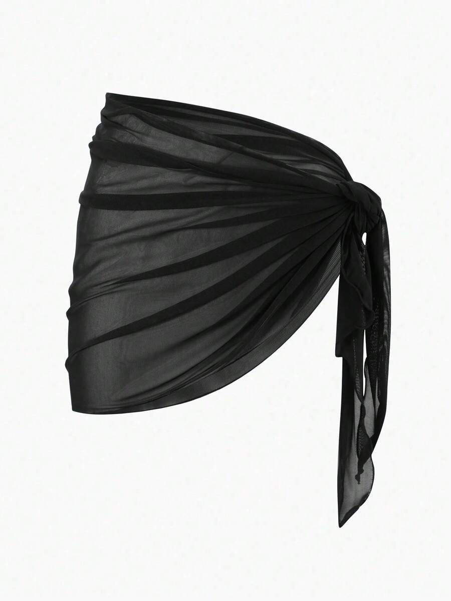 Swim Basics Summer Beach Plain Knot Side Beach Skirt - 黑色 - 查看 1