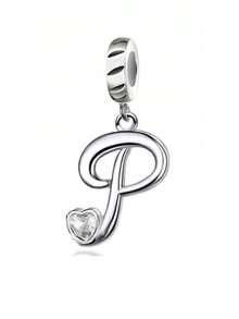 1pc 925 Sterling Silver Popular Letter Pendant, Inlaid Heart-Shaped Cubic Zirconia Letter A-I Pendant, Suitable For Bracelet, Personalized Name Jewelry Gift - Silver - View 24
