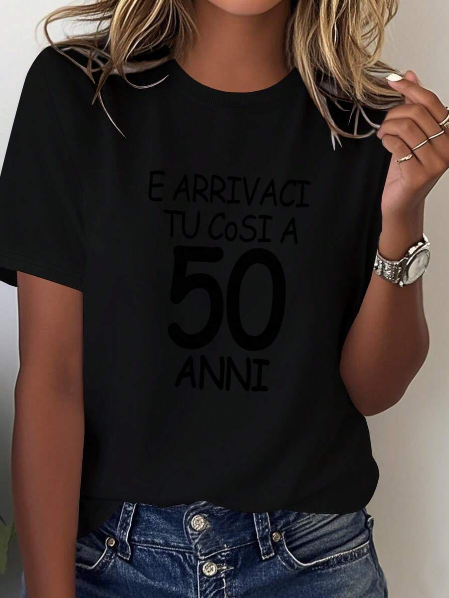 50th Anniversary T-Shirt For Italian Women - "50 Years With You You Are Amazing" Text In Italian - Soft Pure Cotton Crew Neck - Everyday And Anniversary Gift - Machine Washable Black T-Shirt With White Lettering, Casual Style, Comfortable Fit - 黑色 - 查看 1