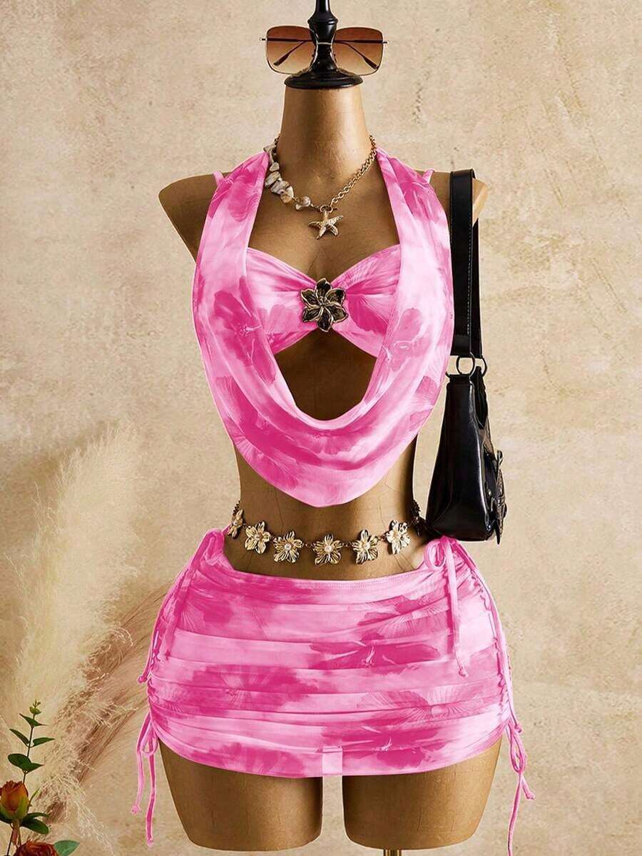 Women's Spring And Summer Beachwear Set, Featuring A Printed Mesh Tank Top With A Deep Neckline And Gold Flower Embellishment, And A Fitted Bodysuit Skirt. Earth-Toned Dress, Scarf, And Slip Dress Set For Vacation. - 多色 2 - 查看 1