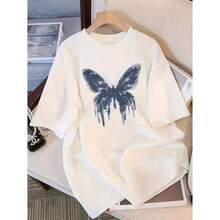 Camiseta de algodón de manga corta para mujer con estampado de mariposas, estilo urbano, estética, casual, top de verano, suave, transpirable, con cuello redondo, para atuendos diarios. - Blanco - Ver 1