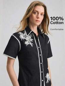 Ontre 2026SS Nueva blusa de verano para mujer, de tela tejida, con diseño de encaje, camisa negra bordada, estilo de vacaciones, cierre con botones, casual, elegante, urbano chic, versátil para el trabajo, vacaciones, playa, invitada de boda, fiesta, tela cómoda, corte holgado - Negro - Ver 2