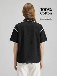 Ontre 2026SS Nueva blusa de verano para mujer, de tela tejida, con diseño de encaje, camisa negra bordada, estilo de vacaciones, cierre con botones, casual, elegante, urbano chic, versátil para el trabajo, vacaciones, playa, invitada de boda, fiesta, tela cómoda, corte holgado - Negro - Ver 6