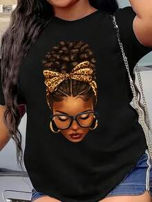 Women's Casual Cotton T-Shirt With Character Print, Short Sleeve, Round Neck Casual Top For Spring/Summer, Women's Clothing, Simple T-Shirt For Everyday Wear - 黑色 - 查看 7