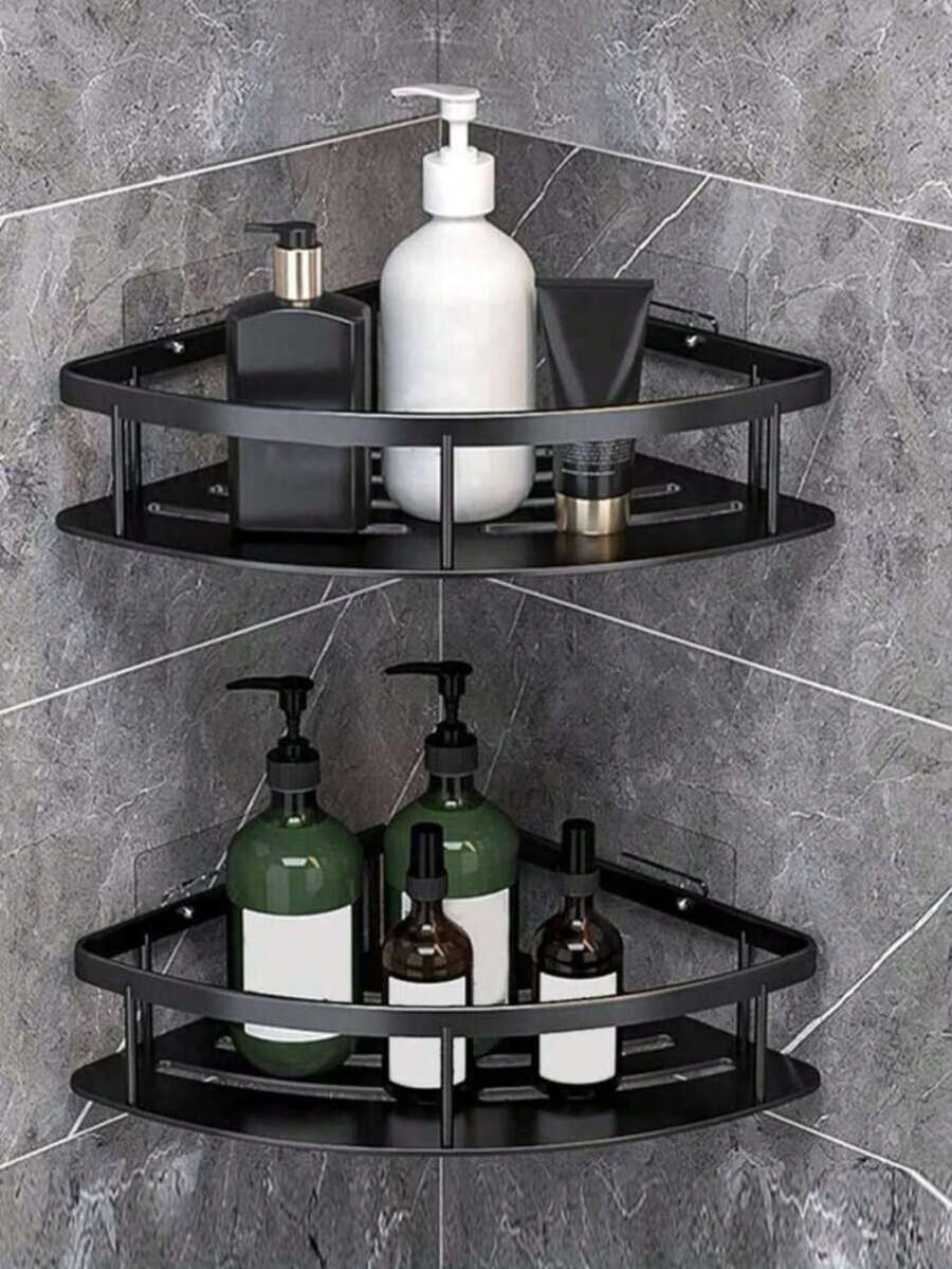 1 pieza Estantería de esquina, Estante de almacenamiento para baño y cocina, Organizador de baño sin taladro, Estante de almacenamiento de baño y cocina montado en la pared en forma triangular - Negro - Ver 1