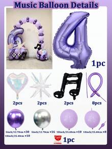 90pcs/Set Purple K-Pop Themed Number Balloon Set, Includes 0-9 Purple Numbers, Purple Latex Balloons/Tail Balloons, Black Music Note Foil Balloons, Colorful Heart/Water Drop Explosion Star Balloons, Suitable For K-Pop Themed Party, Birthday, Anniversary Party Arch Decoration - Music Digital - View 14