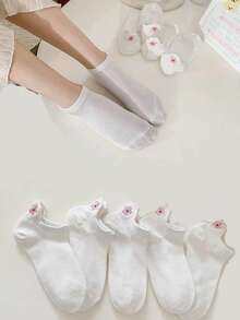 5 pares de calcetines cortos casuales de mujer con estampado de flores de cerezo - Blanco - Ver 9