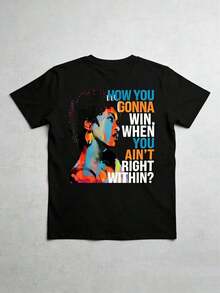 "New For 2026" Women's Short Sleeve T-Shirt With Round Neck And Letter Print, Graphic Tees, Women's Tops, Cotton T-Shirt - 黑色 - 查看 4