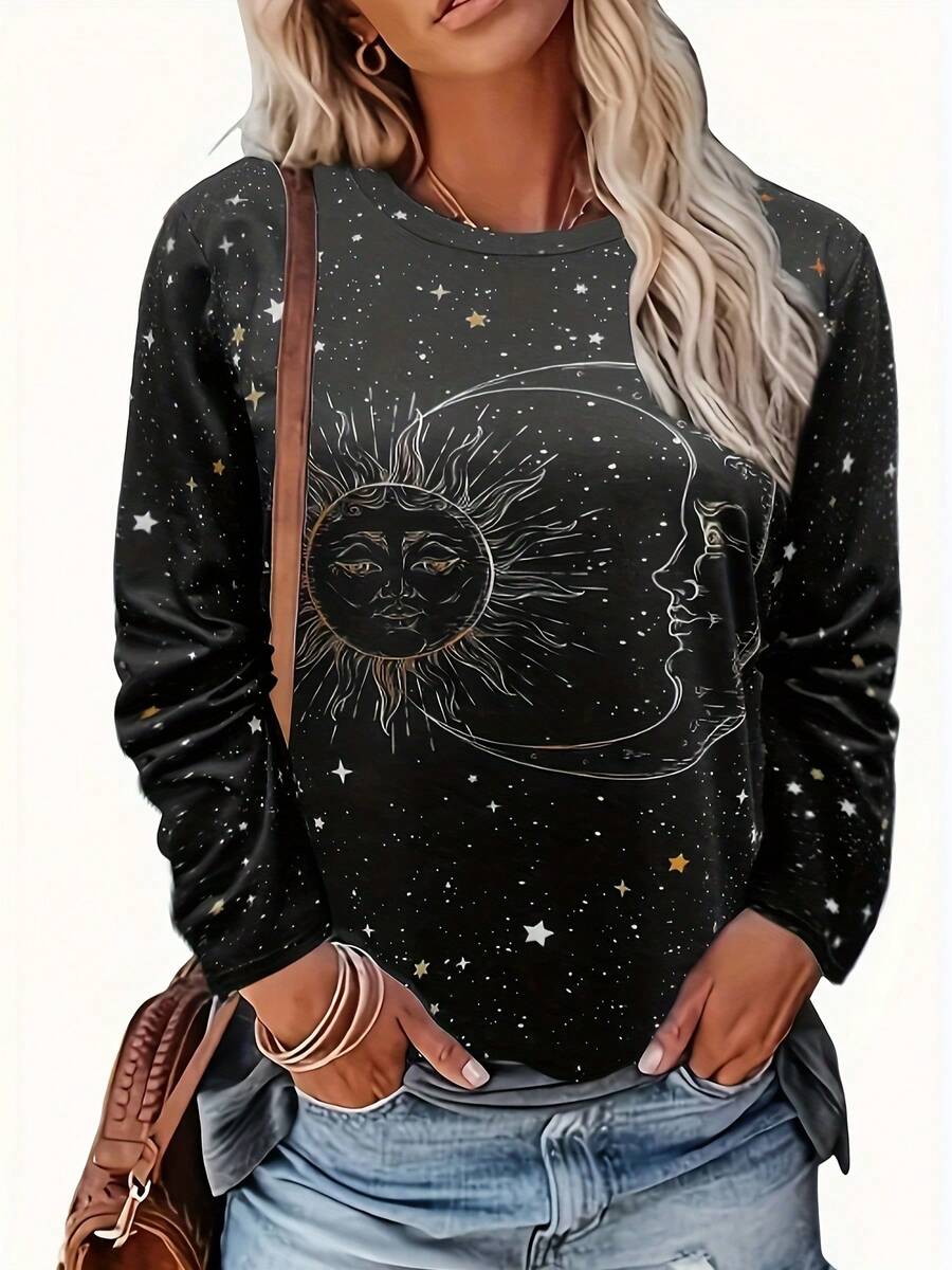 Camiseta de cuello redondo con estampado de sol y luna, top casual de manga larga para primavera y otoño, ropa de mujer - Negro - Ver 1