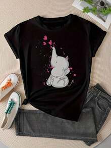 Diseño sencillo y versátil con estampado de elefante, cuello redondo de manga corta informal, corte holgado, adecuado para primavera y verano, ropa de mujer, camiseta de algodón puro. - Negro - Ver 1