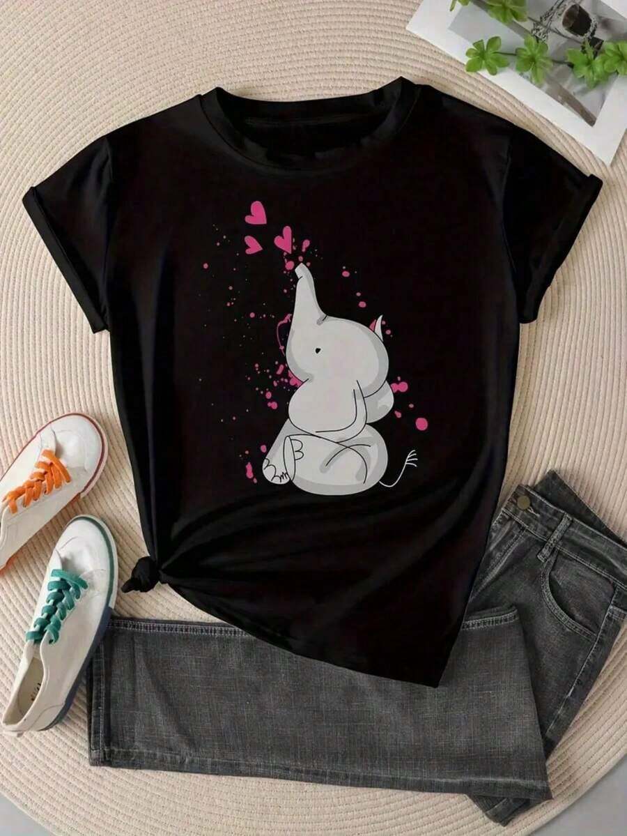 Diseño sencillo y versátil con estampado de elefante, cuello redondo de manga corta informal, corte holgado, adecuado para primavera y verano, ropa de mujer, camiseta de algodón puro. - Negro - Ver 1