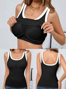 1pc All-Season Large U-Back Contrast Color Ribbed Tank Top, 2-In-1 Built-In Padded Sports Yoga Tank, Versatile Outerwear & Base Layer - Black - View 4