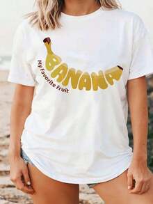 Camiseta Casual para Mujer FashionNEW con Estampado de Plátano, Mi Fruta Favorita, Ropa de Playa de Verano - Estilo Vintage Urbano, Unisex, de Algodón, Manga Corta, Cuello Redondo - Blanco - Ver 7
