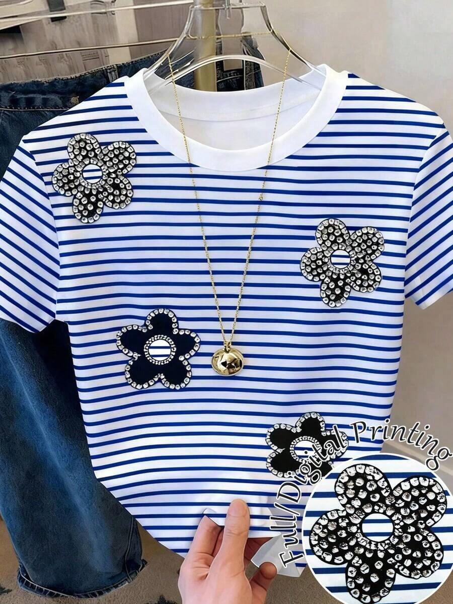 Camiseta de manga corta de cuello redondo casual con ribete de contraste para mujer, verano - Multicolor 9 - Ver 1
