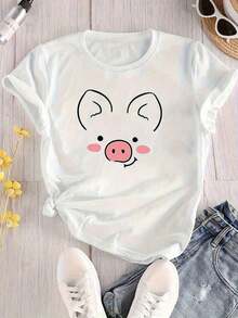 Women's Casual T-Shirt With Pig Face Print, Adorable Design With Simple Lines, Pink Color That Adds A Fun Touch, Ideal For Daily Use, Birthday Gifts, Valentine's Day And Everyday Wear. - 白色 - 查看 7