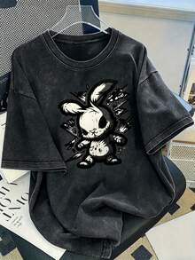 A Women's Modern Print Washed Cotton T-Shirt - 230g Thick Cotton, Urban Vintage Style, Round Neck, Short Sleeves, Machine Washable, Suitable For Casual Wear In Spring And Summer, A Unique Loose-Fitting T-Shirt For Women. - 黑色 - 查看 1
