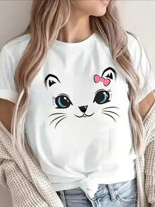 Women's Cat Print T-Shirt, Perfect For Home, Cafes, Or Casual Outdoor Outings. It's Lightweight, Durable, Short-Sleeved, And Features A Pink Bow As An Embellishment. - 白色 - 查看 1