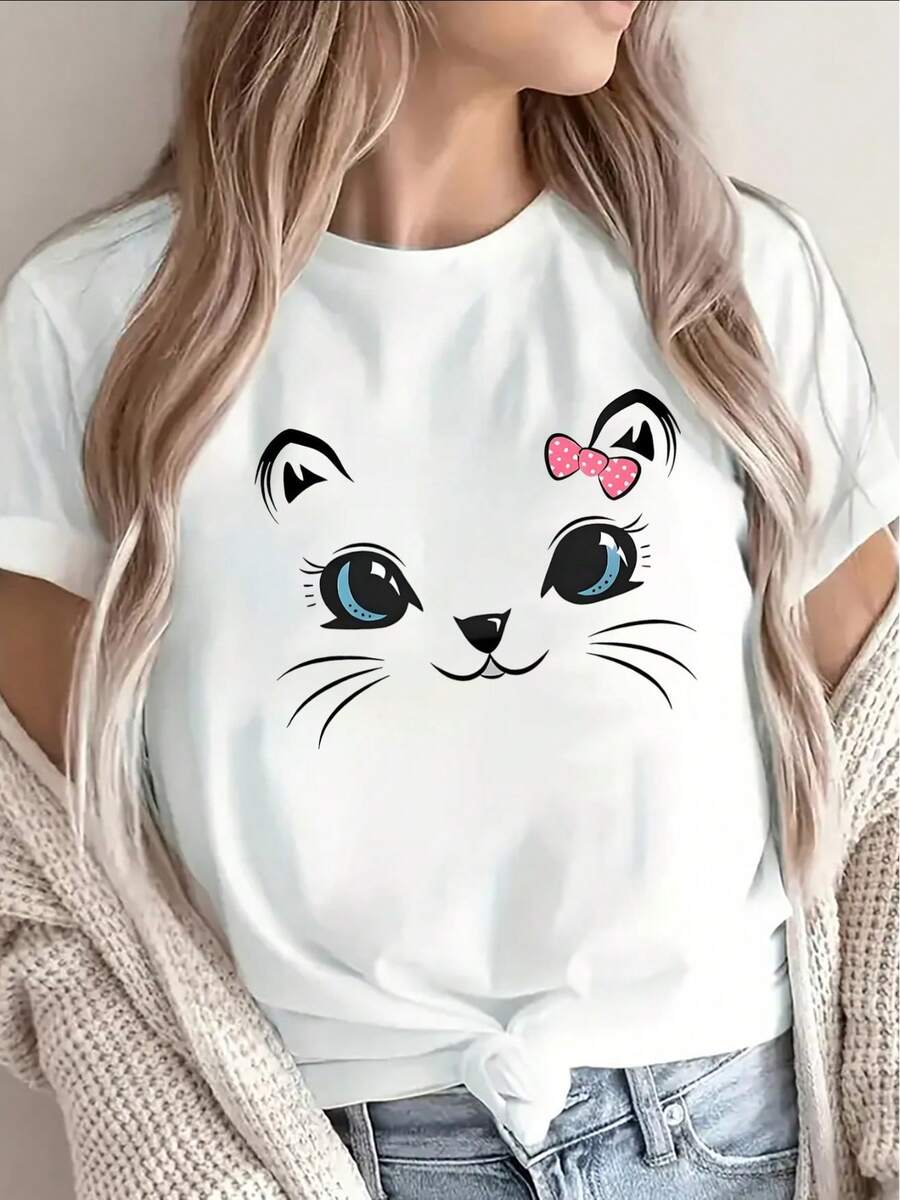 Women's Cat Print T-Shirt, Perfect For Home, Cafes, Or Casual Outdoor Outings. It's Lightweight, Durable, Short-Sleeved, And Features A Pink Bow As An Embellishment. - 白色 - 查看 1