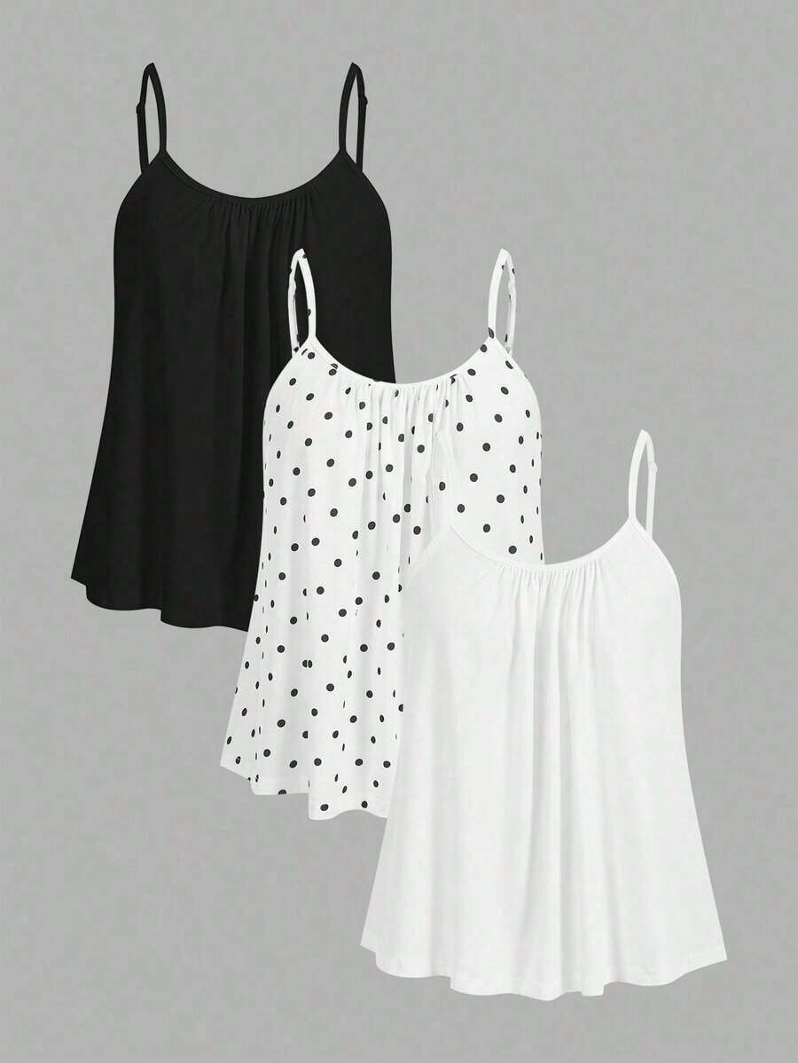 3 piezas Tops de camisola holgados y plisados para mujer, con tirantes ajustables, aptos para primavera y verano - Multicolor 4 - Ver 1