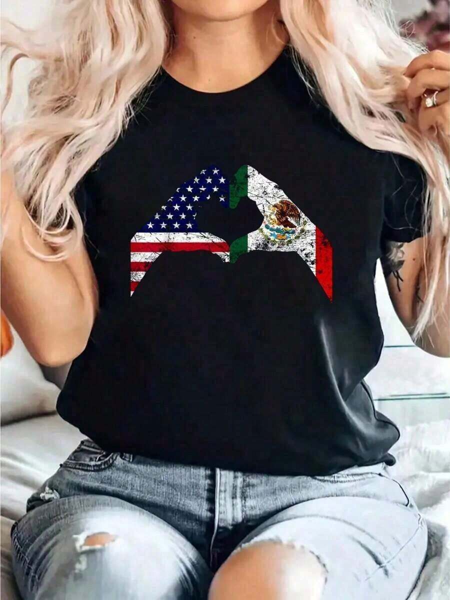 Camiseta 100% Algodón con Estampado de Bandera de México, Estilo Vintage Mexicano, Cuello Redondo, Manga Corta, para Mujer, Casual, Verano, Camisetas Gráficas para Mujer, Estilo Urbano Vintage, Unisex, Holgada, de Algodón, Manga Corta, Cuello Redondo, Ropa de Verano para Mujer, playeras de mujer - Negro - Ver 1